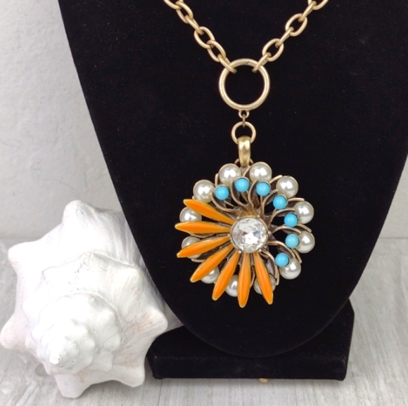Cookie Lee Faux Pearl Turquoise & Coral Flower Pendant Choker Necklace - Picture 6 of 15
